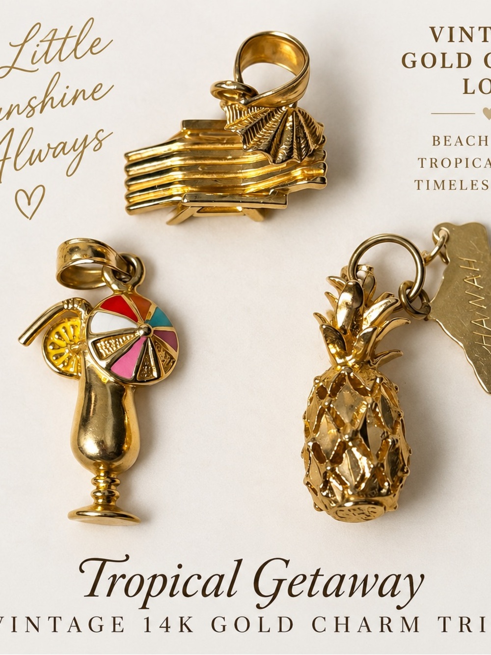 Vintage 14K Gold Tropical Charm Trio - Pineapple & Cocktail & Beach Chair